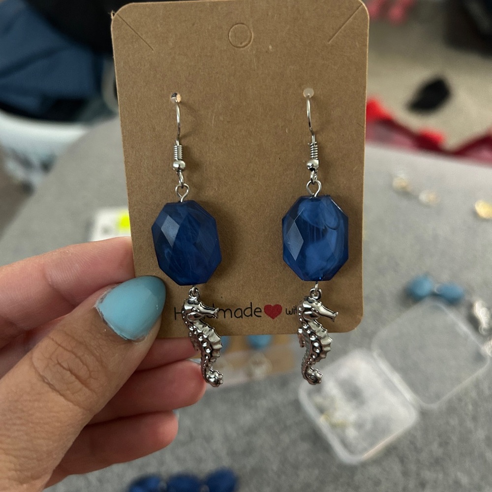 Navy Blue Faceted Bead Earrings with Silver Seahorse Charms